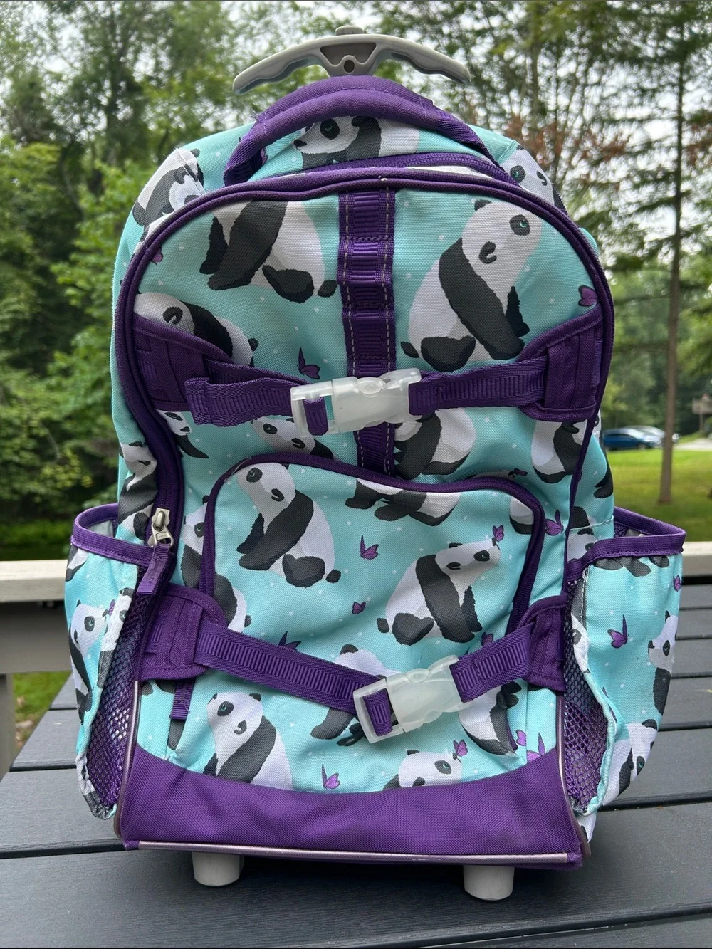 Pottery Barn Kids Panda Print Rolling Backpack - Purple & Teal